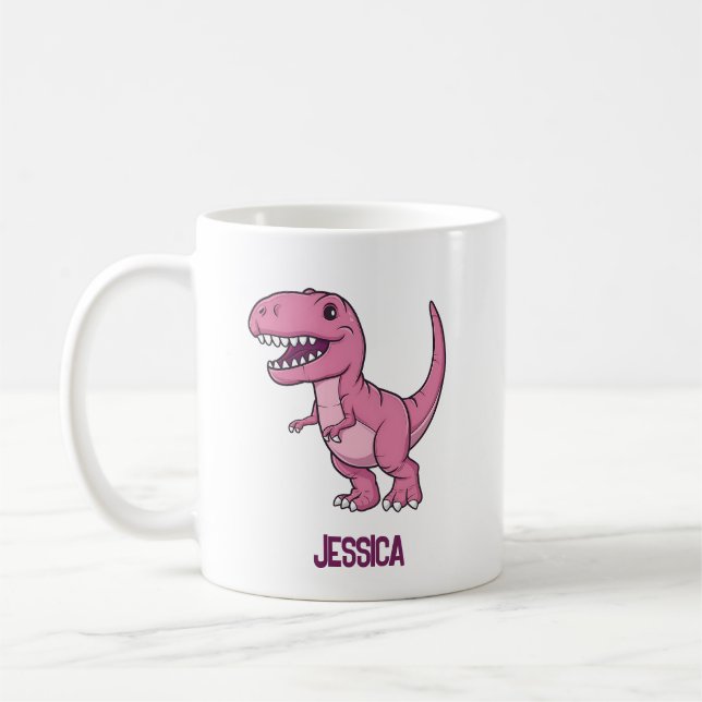 Lycklig Rosa T-Rex Dino med Kids Namn Kaffemugg (Vänster)