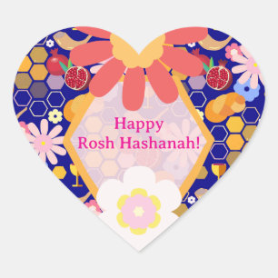 Lycklig Rosh Hashanah Jewish New Year Blommönster Hjärtformat Klistermärke