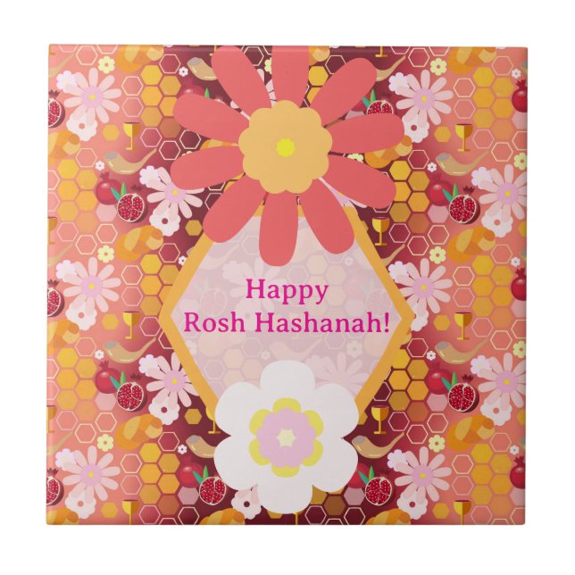 Lycklig Rosh Hashanah Jewish New Year Blommönster Kakelplatta (Framsidan)
