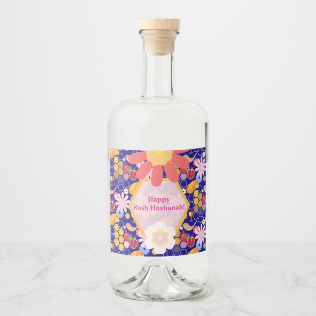 Lycklig Rosh Hashanah Jewish New Year Blommönster Spritflaskor Etikett (Framsida)