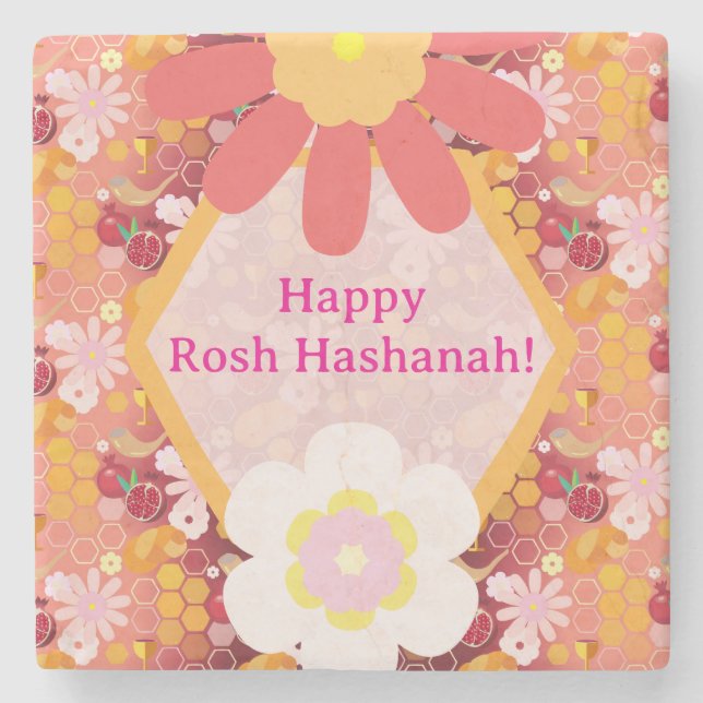 Lycklig Rosh Hashanah Jewish New Year Blommönster Stenunderlägg (Framsidan)