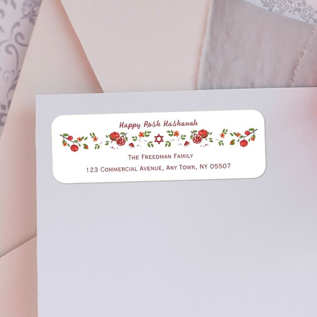 Lycklig Rosh Hashanah Jewish nyårverkgranater Returadress Etikett (Personalized return address label for the Jewish New Year,  Rosh Hashanah, featuring pomegranates.)