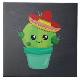 Lycklig Round Cactus Wearing a Red Sombrero Kakelplatta
