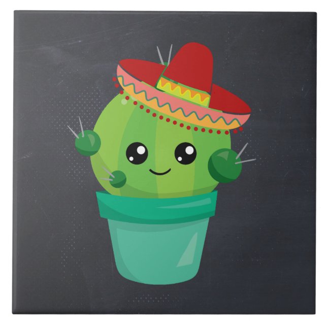 Lycklig Round Cactus Wearing a Red Sombrero Kakelplatta (Framsidan)