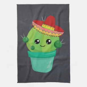 Lycklig Round Cactus Wearing a Red Sombrero Kökshandduk