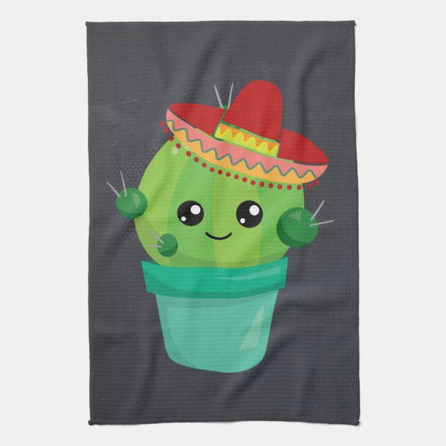 Lycklig Round Cactus Wearing a Red Sombrero Kökshandduk (Vertikal)