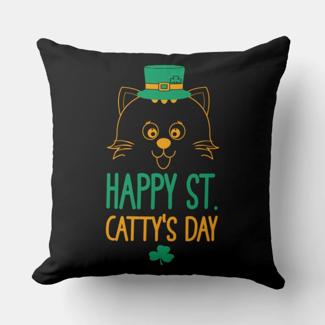 Lycklig Saint Cattys dag - Cute Cat Leprechaun Kudde (Framsida)