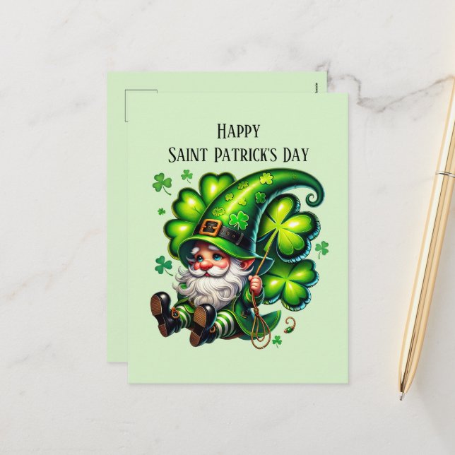 Lycklig Saint patrick's day gnome Helg Vykort (Fram/Back In Situ)
