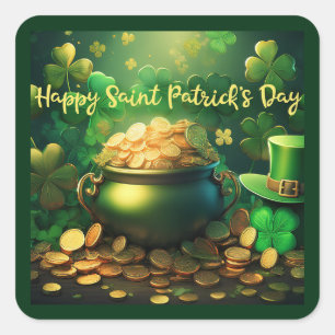 Lycklig Saint patrick's day-pot i Guld Mynt Fyrkantigt Klistermärke