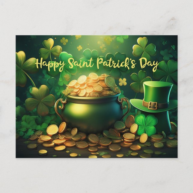 Lycklig Saint patrick's day-pot i Guld Mynt Vykort (Framsida)