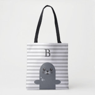 Lycklig säl och Grått Rand Monogram Tygkasse