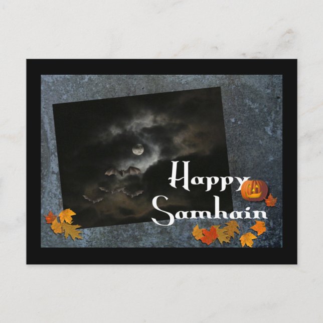 Lycklig Samhain!-Fladdermöss, Måne, Pumpkin Vykort (Framsida)