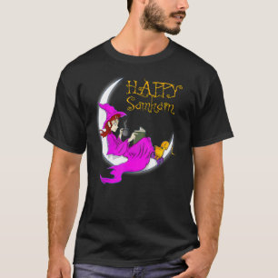 Lycklig Samhain Lila Witch Bokar Coffe Cats Måne T Shirt