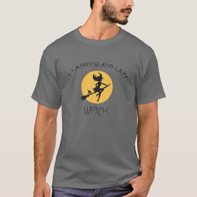 Lycklig Samhain Witch Celtic Gaelic Halloween T Shirt (Framsida)