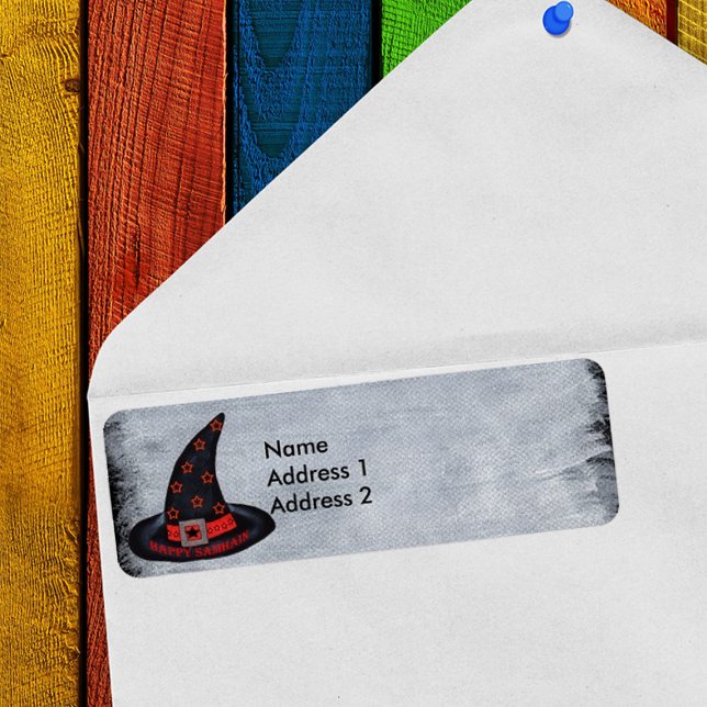 Lycklig Samhain Witch Hat Stars Returadress Etikett (Happy Samhain Witch black hat orange stars on faux painted white & black return address labels.)