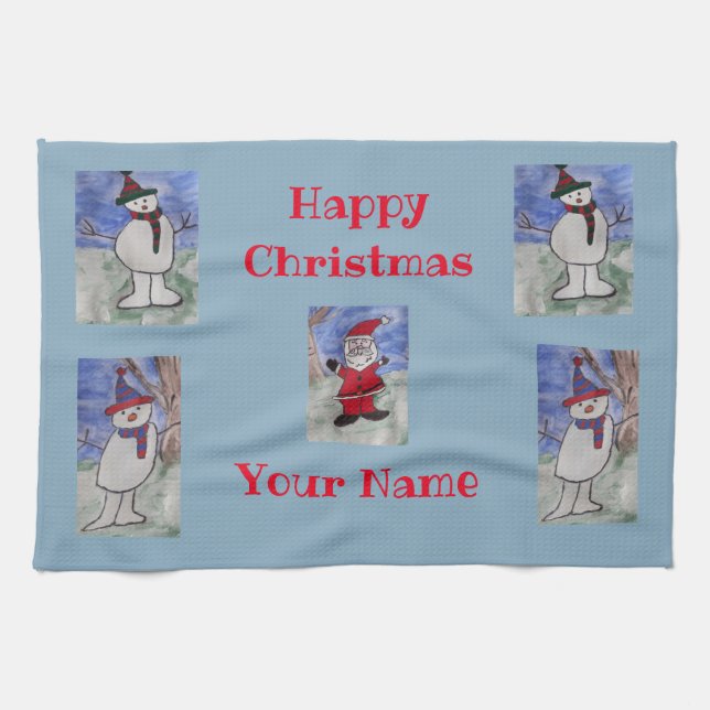 Lycklig Santa and Snögubbars Tea Towel Kökshandduk (Horisontell)