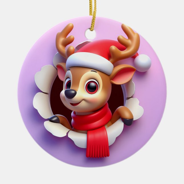 Lycklig Santa Reindeer brinner ut Julgransprydnad Keramik (Framsidan)