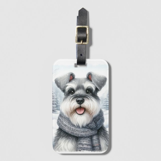 Lycklig Schnauzer i Scarf Winter Art Bagagebricka (Framsida vertikal)