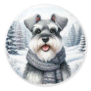 Lycklig Schnauzer i Scarf Winter Art Knopp