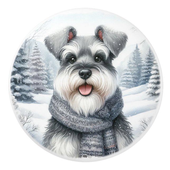 Lycklig Schnauzer i Scarf Winter Art Knopp (Framsidan)
