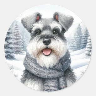 Lycklig Schnauzer i Scarf Winter Art Runt Klistermärke