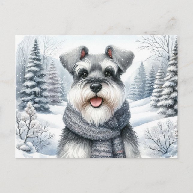 Lycklig Schnauzer i Scarf Winter Art Vykort (Framsida)