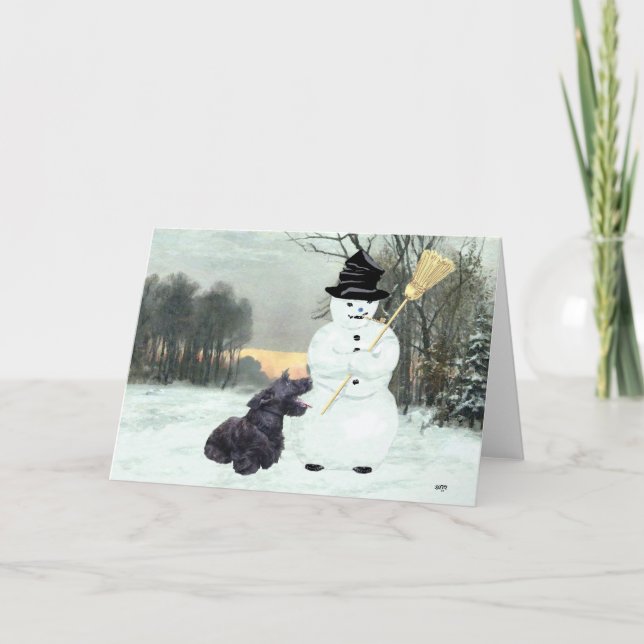 Lycklig Scottish Terrier & Snögubbe Helgkort (Framsida)
