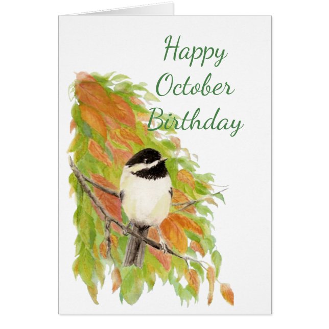 Lycklig September Birthday Hösten Chickadee Bird a Hälsningskort (Framsidan)