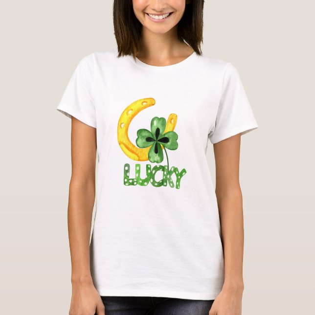 Lycklig Shamrock & Hästsko T Shirt (Framsida)