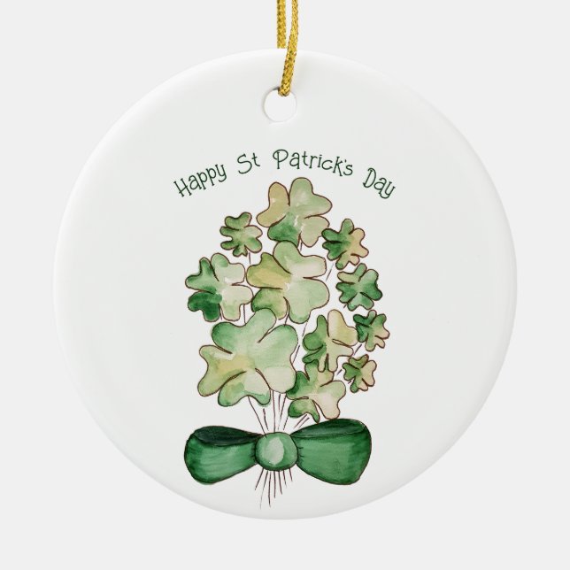 Lycklig Shamrock Klöver Akvarell Konst Julgransprydnad Keramik (Framsidan)