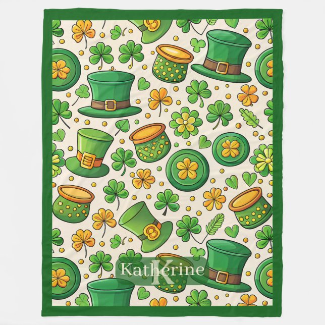 Lycklig Shamrock Kruka Guld Irländsk Hatt St Patri Fleecefilt (Framsidan)