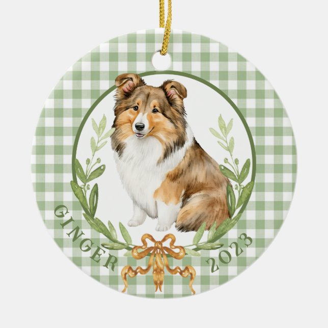 Lycklig Sheltie in Laurel Wandan Julgransprydnad Keramik (Framsidan)