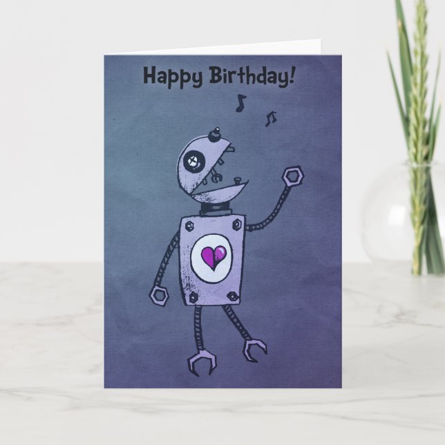 Lycklig Singing Robot Birthday Kort (Framsida)