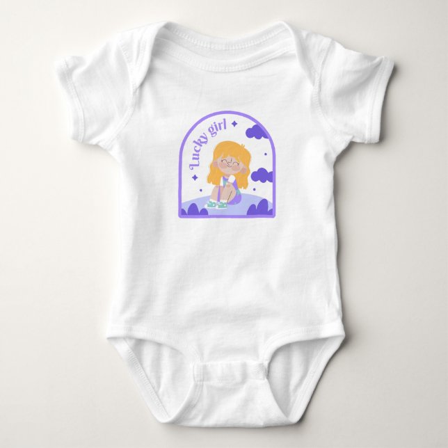 Lycklig Sitta Girl med Clouds Lila T Shirt (Framsida)