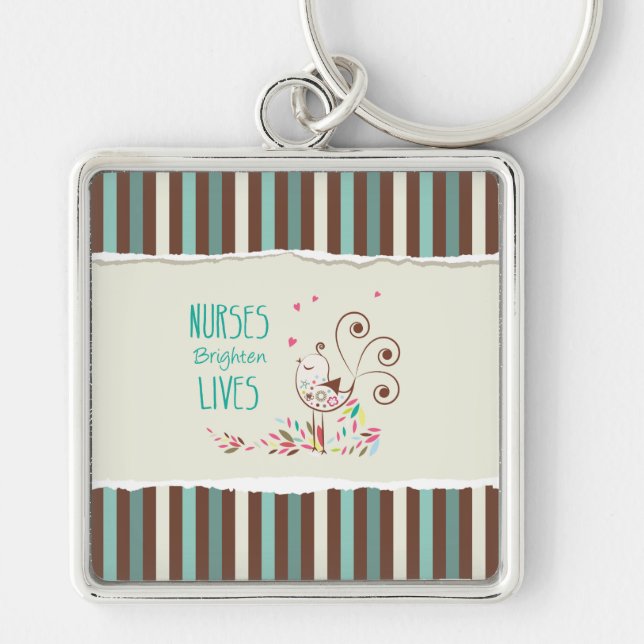 Lycklig sjukdag, Cute Bird på Rand Fyrkantig Silverfärgad Nyckelring (Framsidan)