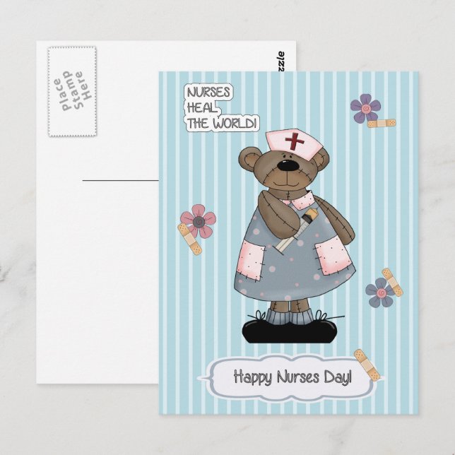 Lycklig sjukdag. Cute Nalle Nurse Vykort (Fram/baksida)