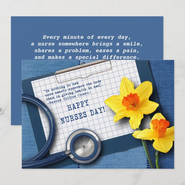 Lycklig sjukdag. Daffodils- och stetoskopkort Inbjudningar (Fram/baksida)