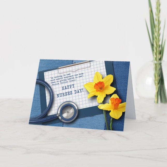 Lycklig sjukdag. Daffodils- och stetoskopkort Tack Kort (Framsida)