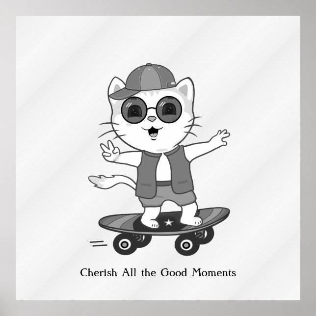 Lycklig Skater Cat på Grått-skuggor i Silver Poster (Framsidan)
