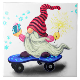 Lycklig Skater Gnome med presenter och Sparkler - Kakelplatta