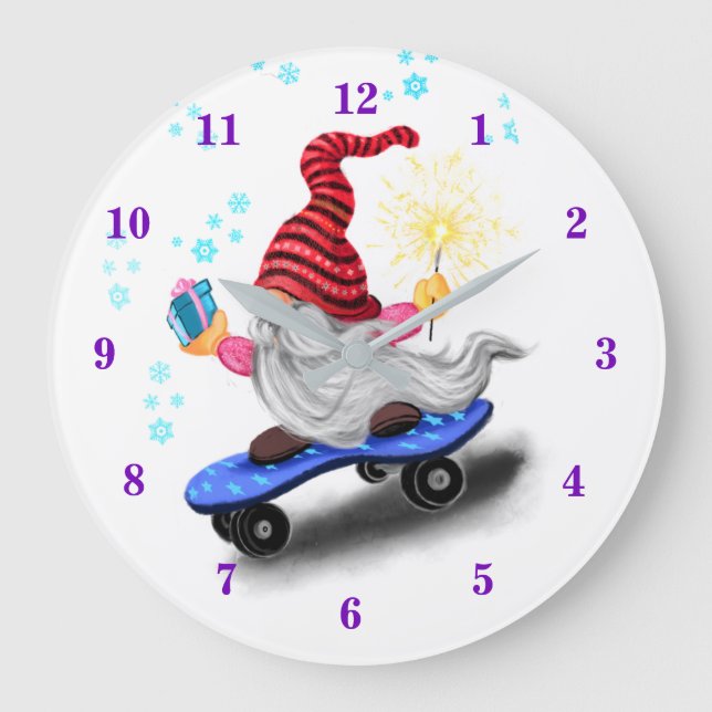 Lycklig Skater Gnome med presenter och Sparkler -  Stor Klocka (Framsida)