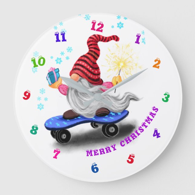 Lycklig Skater Gnome med presenter och Sparkler -  Stor Klocka (Framsida)