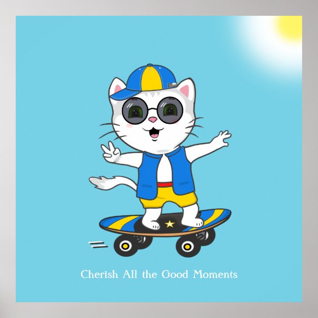Lycklig Skater Katt i blått och Gult. Poster (Framsidan)