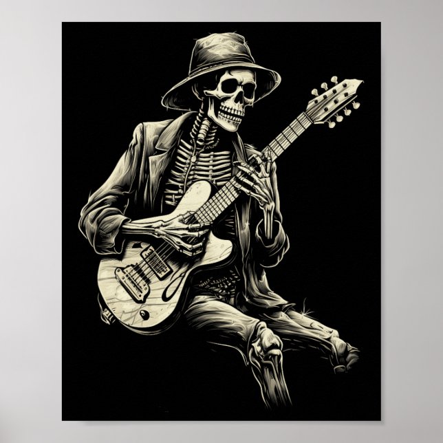 Lycklig Skeleton Guitar Guy Spooky Halloween Sten  Poster (Framsidan)