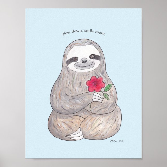 Lycklig Sloth Poster Cute Sloth med Flower Print (Framsidan)
