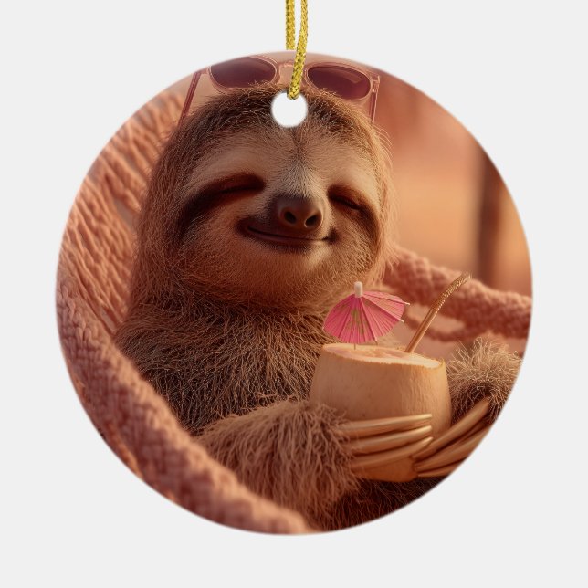 Lycklig Sloth Relaxing i Hammock Julgransprydnad Keramik (Framsidan)
