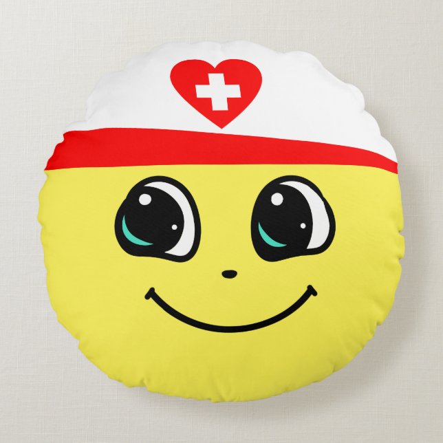 Lycklig Smiley Nurse - Round Pillow Rund Kudde (Framsidan)