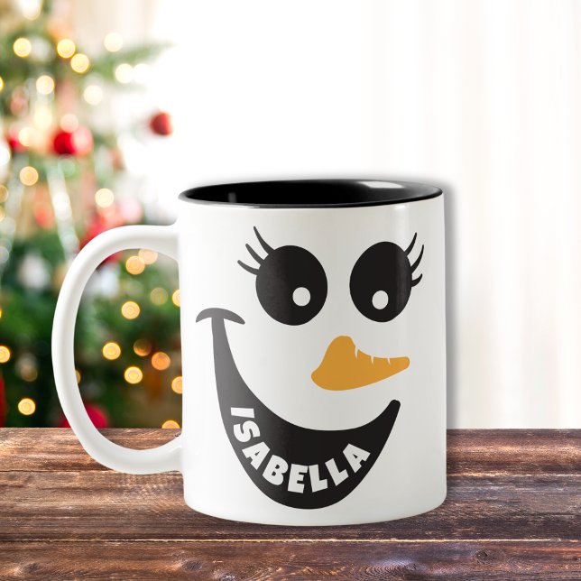 Lycklig Snögubbe Ansikte Personlig Namn Helgdag Gi Två-Tonad Mugg (Custom Christmas snowman face hot chocolate mug)