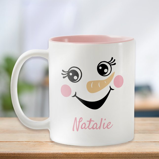 Lycklig Snögubbe Ansikte Personlig Namn Helgdag Två-Tonad Mugg (Skapare uppladdad)