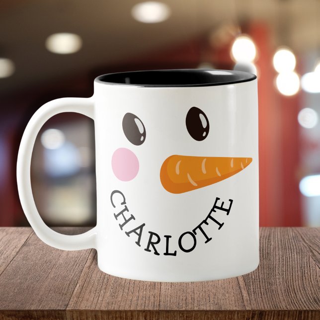 Lycklig Snögubbe Ansikte Personlig Namn Helgdag Två-Tonad Mugg (Happy Snowman Face Personalized Name Holiday Gift Two-Tone Coffee Mug)